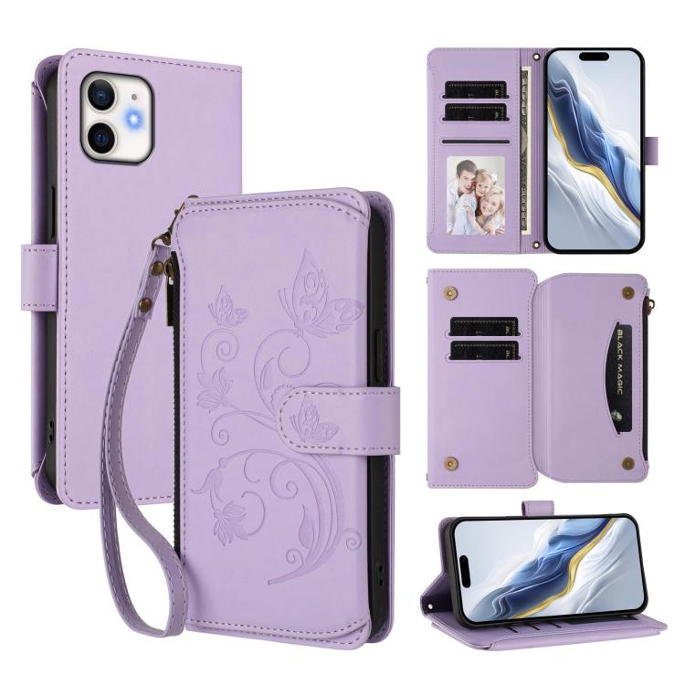 

For iPhone 12 / 12 Pro Butterfly Love Flower Multi-card Zipper Wallet Leather Phone Case(Light Purple)