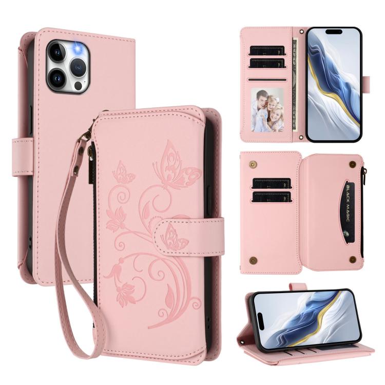 

For iPhone 12 Pro Max Butterfly Love Flower Multi-card Zipper Wallet Leather Phone Case(Pink)
