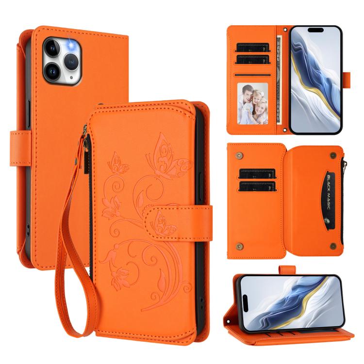 

For iPhone 11 Pro Max Butterfly Love Flower Multi-card Zipper Wallet Leather Phone Case(Orange)