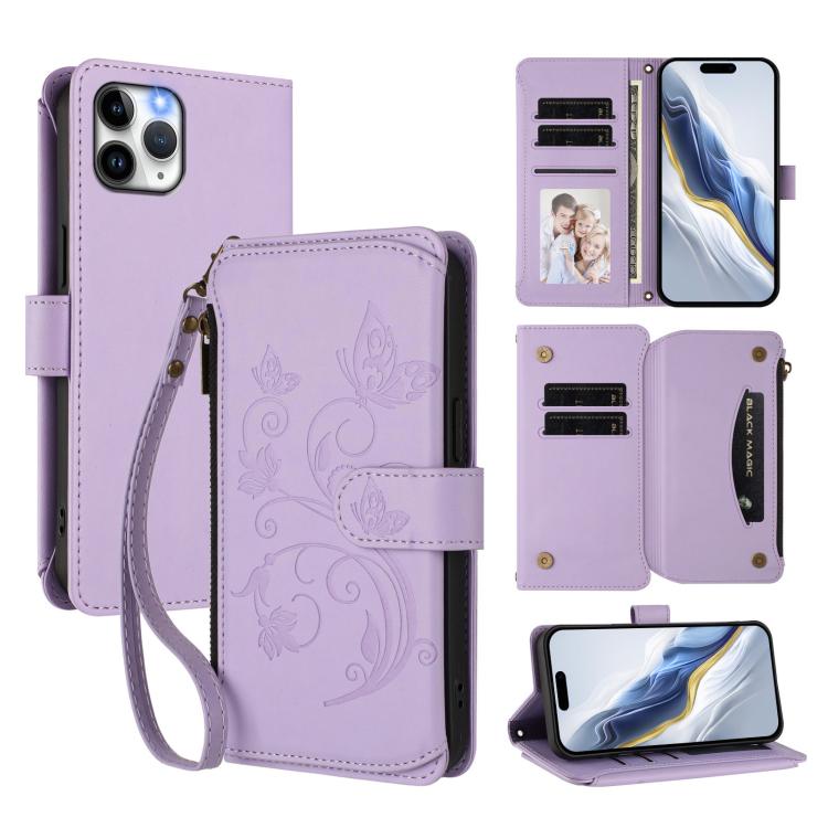 

For iPhone 11 Pro Max Butterfly Love Flower Multi-card Zipper Wallet Leather Phone Case(Light Purple)
