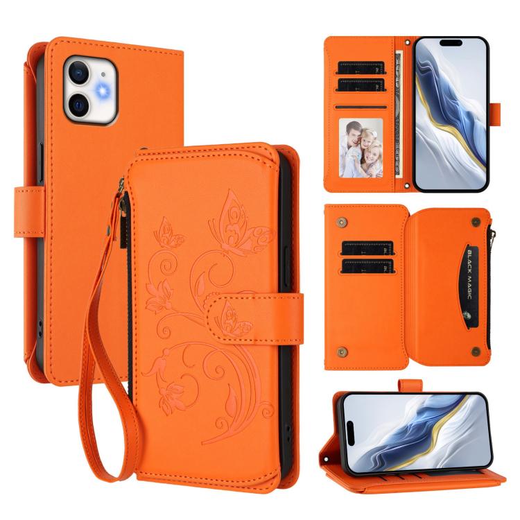 

For iPhone 11 Butterfly Love Flower Multi-card Zipper Wallet Leather Phone Case(Orange)