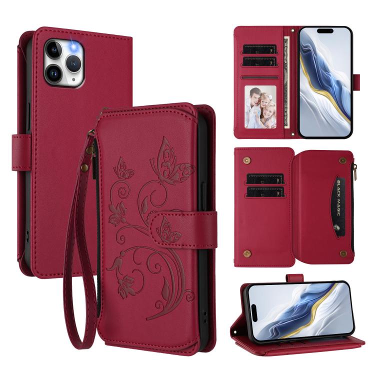 

For iPhone 11 Pro Butterfly Love Flower Multi-card Zipper Wallet Leather Phone Case(Wine Red)