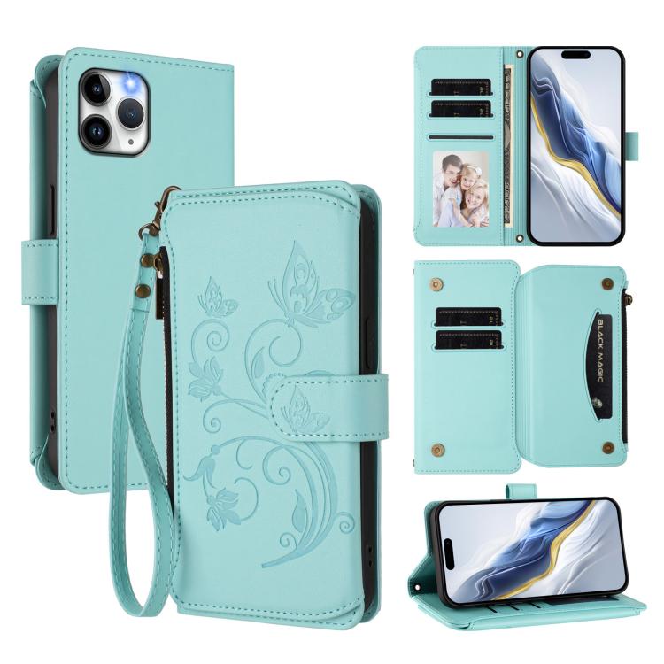

For iPhone 11 Pro Butterfly Love Flower Multi-card Zipper Wallet Leather Phone Case(Mint Green)