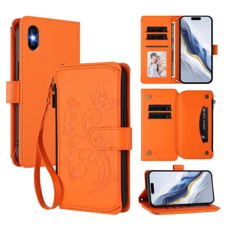 

For iPhone X / XS Butterfly Love Flower Multi-card Zipper Wallet Leather Phone Case(Orange)