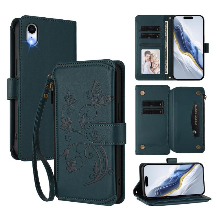 

For iPhone XR Butterfly Love Flower Multi-card Zipper Wallet Leather Phone Case(Dark Green)