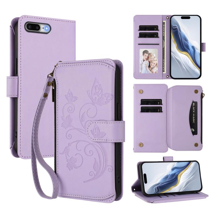 

For iPhone 7 Plus / 8 Plus Butterfly Love Flower Multi-card Zipper Wallet Leather Phone Case(Light Purple)
