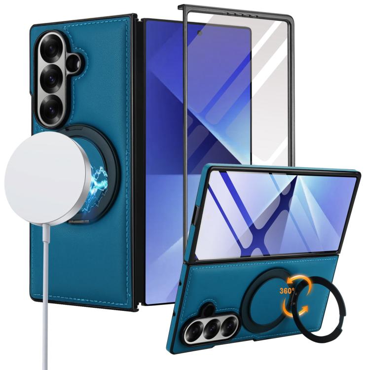 

For Samsung Galaxy Z Fold7 5G Folding Rotation Holder MagSafe Film Integrated Leather Phone Case(Blue)