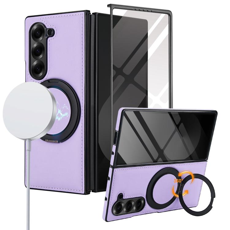

For Samsung Galaxy Z Fold6 Folding Rotation Holder MagSafe Film Integrated Leather Phone Case(Light Purple)