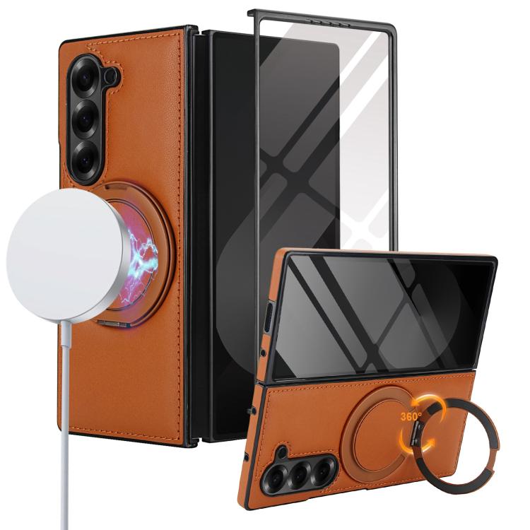 

For Samsung Galaxy Z Fold6 Folding Rotation Holder MagSafe Film Integrated Leather Phone Case(Brown)