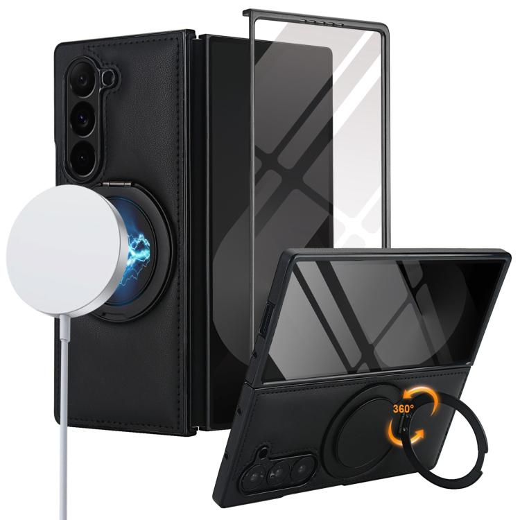 

For Samsung Galaxy Z Fold5 Folding Rotation Holder MagSafe Film Integrated Leather Phone Case(Black)