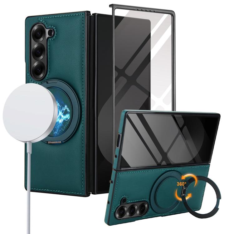 

For Samsung Galaxy Z Fold5 Folding Rotation Holder MagSafe Film Integrated Leather Phone Case(Green)