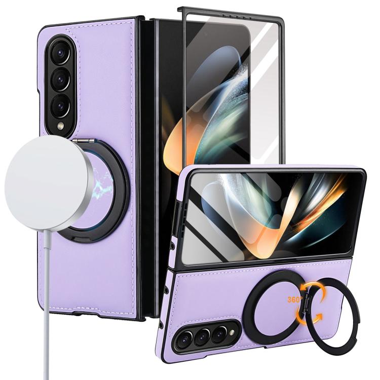 

For Samsung Galaxy Z Fold4 Folding Rotation Holder MagSafe Film Integrated Leather Phone Case(Light Purple)