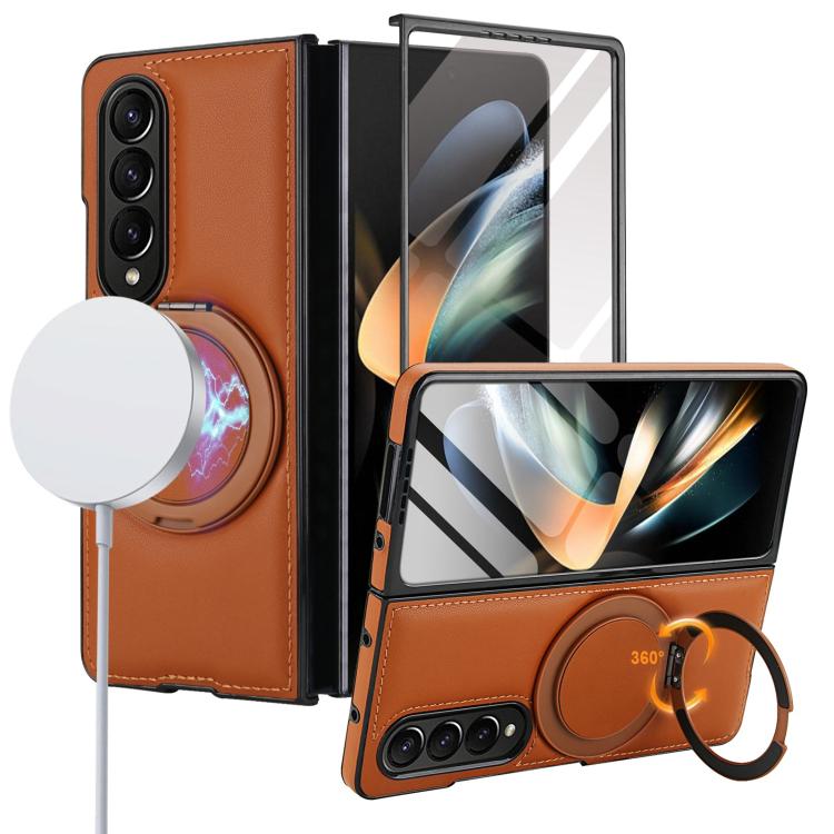 

For Samsung Galaxy Z Fold3 5G Folding Rotation Holder MagSafe Film Integrated Leather Phone Case(Brown)