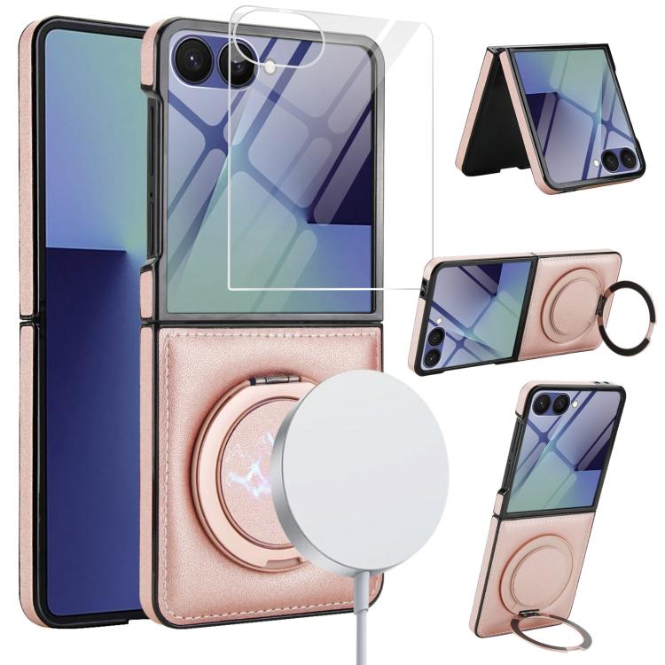 

For Samsung Galaxy Z Flip7 5G Folding Rotation Holder MagSafe Film Integrated Leather Phone Case(Rose Gold)