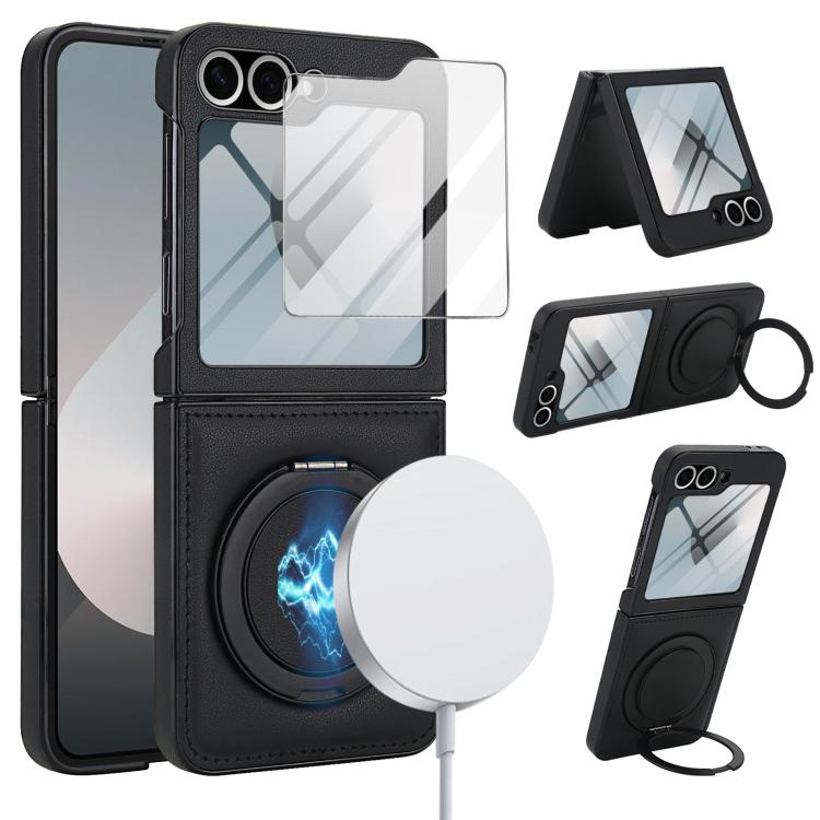 

For Samsung Galaxy Z Flip7 FE / Flip6 Folding Rotation Holder MagSafe Film Integrated Leather Phone Case(Black)