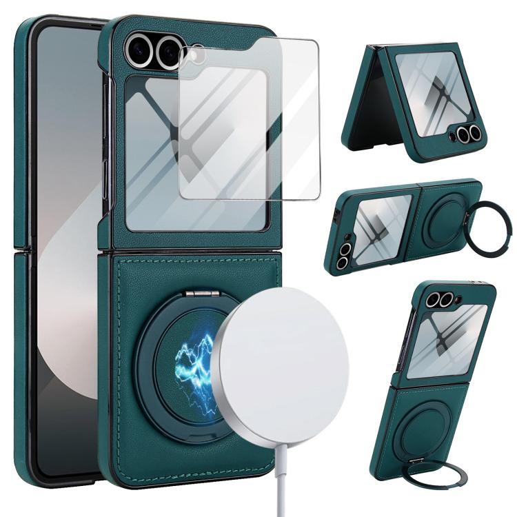 

For Samsung Galaxy Z Flip5 Folding Rotation Holder MagSafe Film Integrated Leather Phone Case(Green)