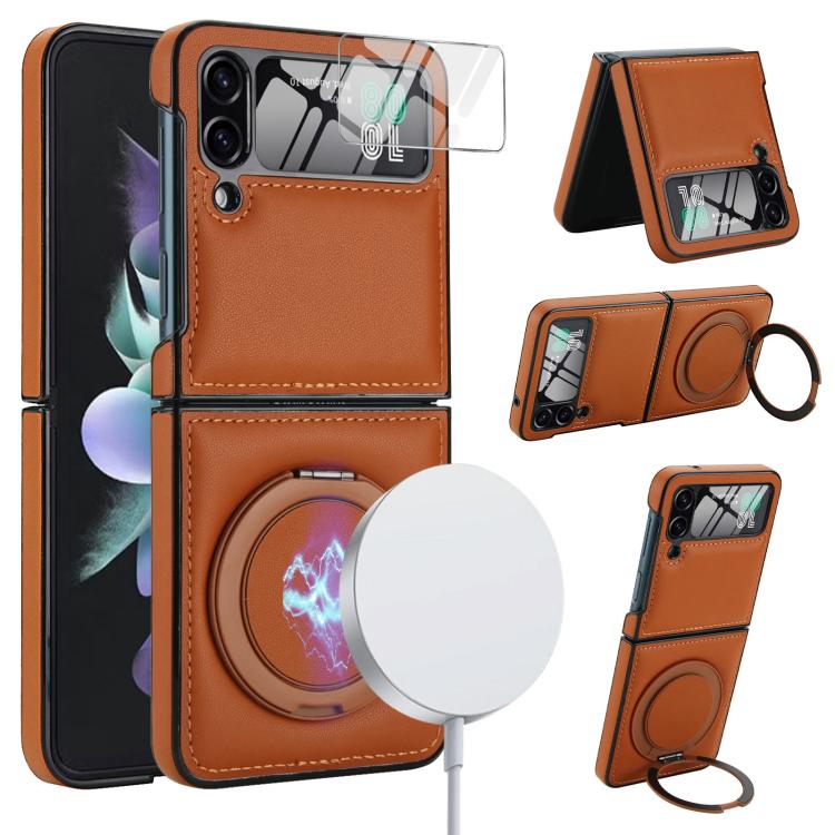 

For Samsung Galaxy Z Flip4 Folding Rotation Holder MagSafe Film Integrated Leather Phone Case(Brown)