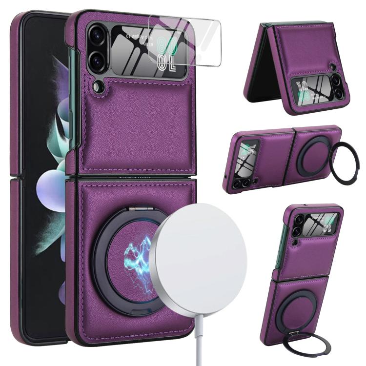 

For Samsung Galaxy Z Flip3 5G Folding Rotation Holder MagSafe Film Integrated Leather Phone Case(Dark Purple)
