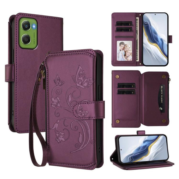 

For Motorola Moto G06 4G Butterfly Love Flower Multi-card Zipper Wallet Leather Phone Case(Dark Purple)