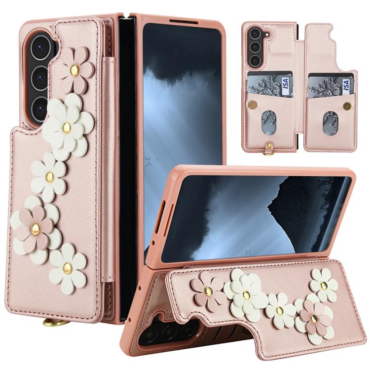 

For Samsung Galaxy Z Fold5 Crossbody Flower Pattern Leather Phone Case(Rose Gold)