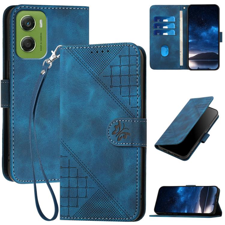 

For Motorola Moto G06 4G Grid Butterfly Embossed Pattern Leather Phone Case with Lanyard(Dark Blue)