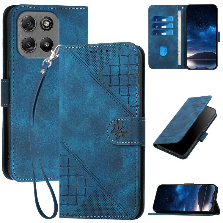

For Motorola Moto G67 Power 5G Grid Butterfly Embossed Pattern Leather Phone Case with Lanyard(Dark Blue)