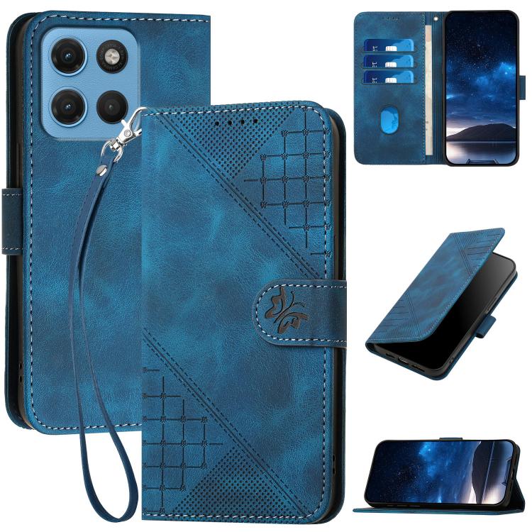 For Motorola Moto G Max / G87 / G77 / G67 Grid Butterfly Embossed Pattern Leather Phone Case with Lanyard(Dark Blue) — купить у Sunsky-online WW