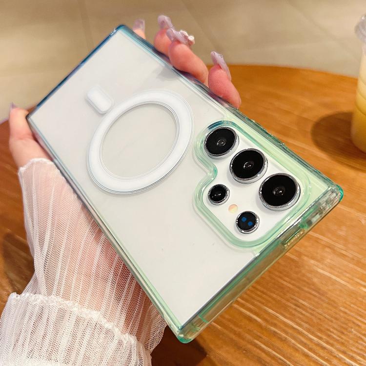 

For Samsung Galaxy S21 Ultra 5G Contrast Color Gradient Transparent MagSafe Phone Case(Green + Blue)