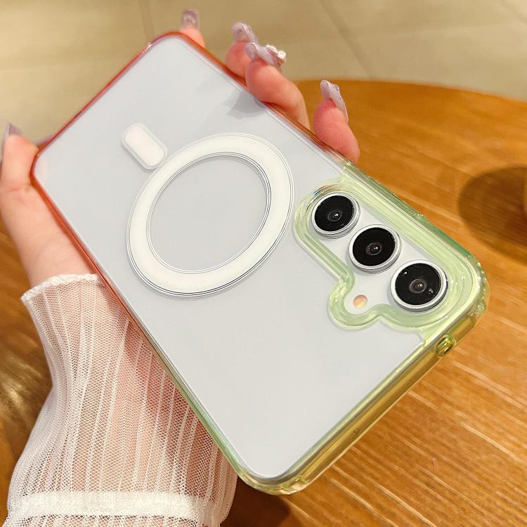 

For Samsung Galaxy S23 FE 5G Contrast Color Gradient Transparent MagSafe Phone Case(Fluorescent Green + Light Pink)