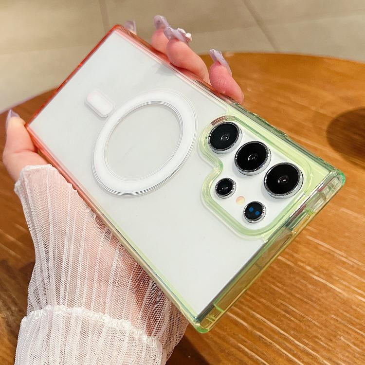 

For Samsung Galaxy S24 Ultra 5G Contrast Color Gradient Transparent MagSafe Phone Case(Fluorescent Green + Light Pink)