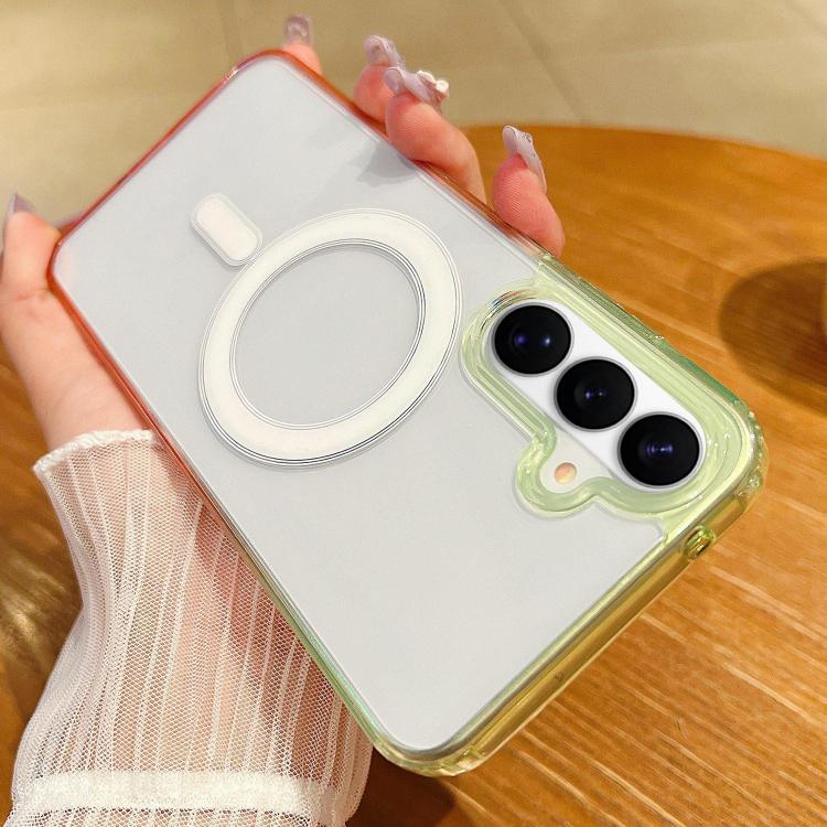 

For Samsung Galaxy S26+ 5G Contrast Color Gradient Transparent MagSafe Phone Case(Fluorescent Green + Light Pink)