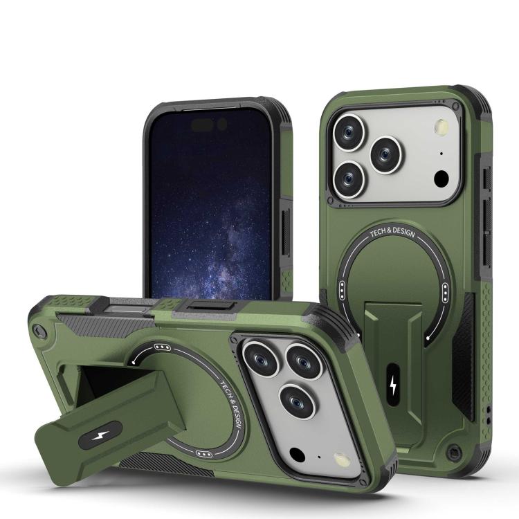 

For iPhone 17 Pro Armor Magsafe Holder PC Hybrid TPU Phone Case(Army Green)