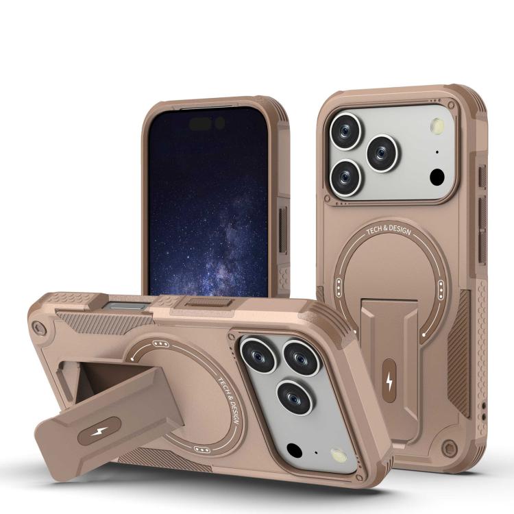 

For iPhone 17 Pro Armor Magsafe Holder PC Hybrid TPU Phone Case(Desert Gold)