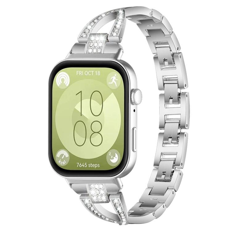 

For Huawei Watch Fit4 / Fit4 Pro / Fit3 xDfind X-Shaped Single Row Diamond Metal Watch Band(Silver)