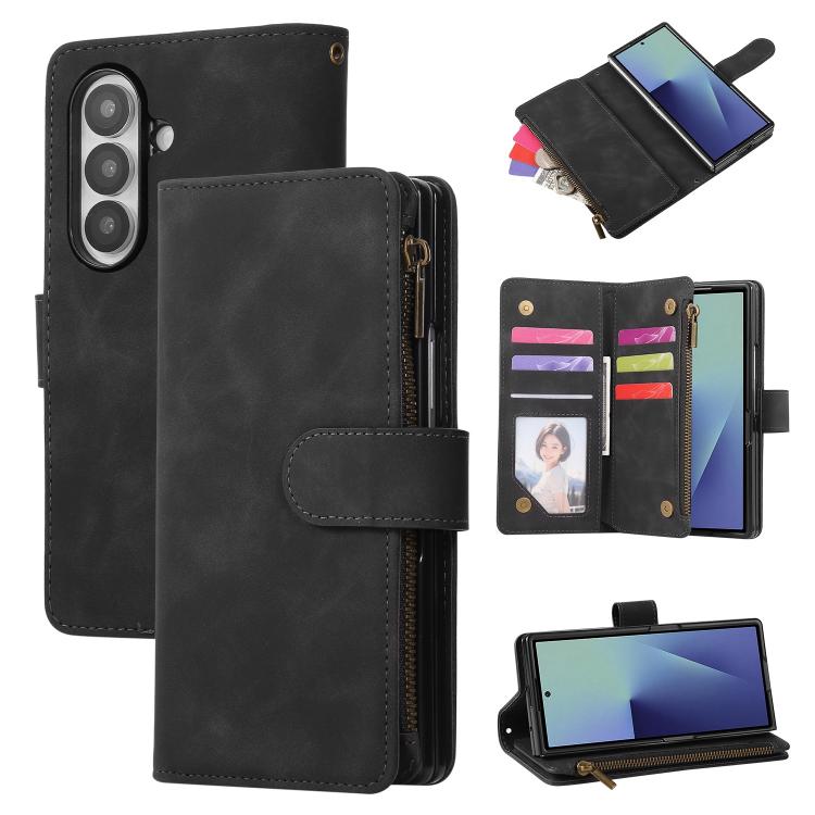 

For Samsung Galaxy Z Fold7 5G Multifunctional Frosted Zipper Wallet Leather Phone Case(Black)