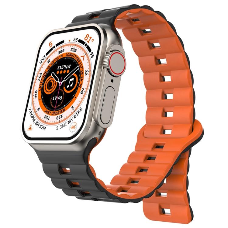 

For Apple Watch 46mm / 49mm / 45mm / 44mm Magnetic Two-color Loop Silicone Watch Band(Black Orange)