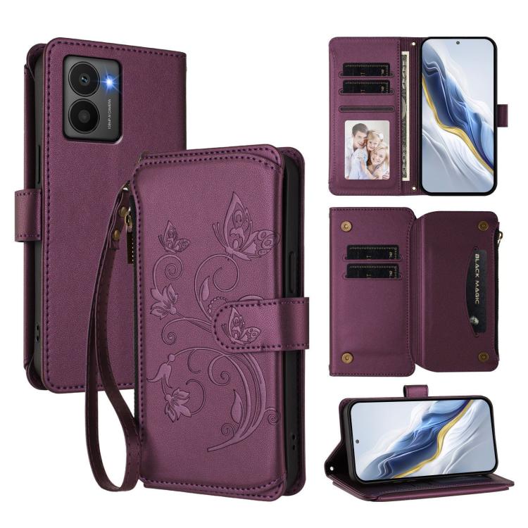 

For HMD Fuison Butterfly Love Flower Multi-card Zipper Wallet Leather Phone Case(Dark Purple)