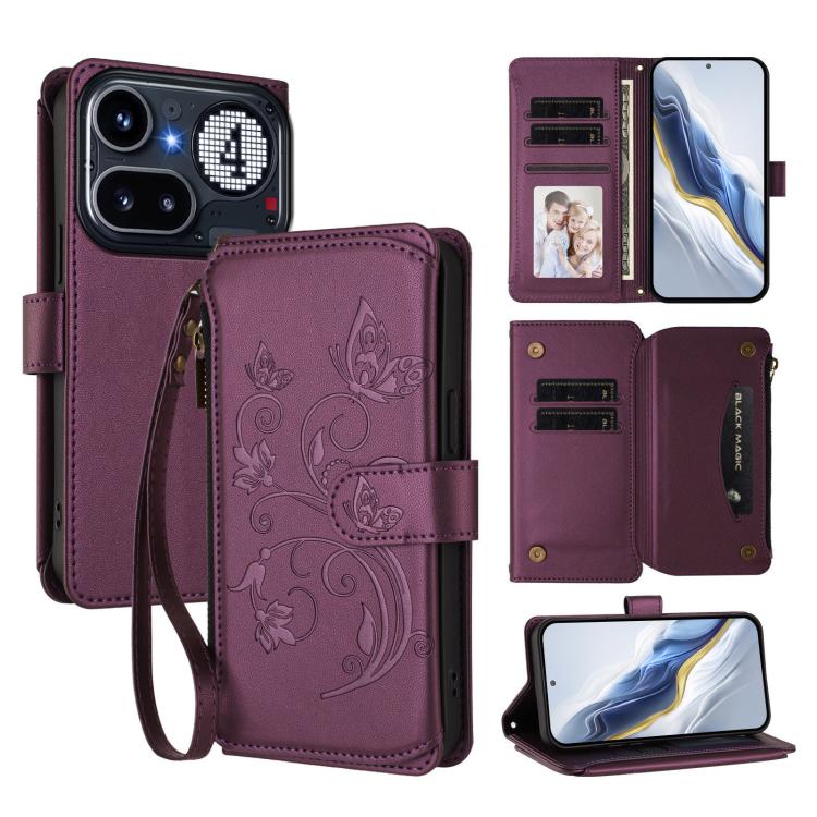 

For Nothing Phone 4a Pro Butterfly Love Flower Multi-card Zipper Wallet Leather Phone Case(Dark Purple)