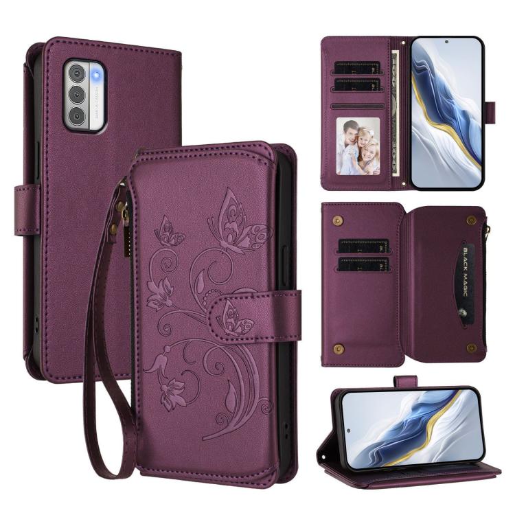 

For Nokia G42 / G310 Butterfly Love Flower Multi-card Zipper Wallet Leather Phone Case(Dark Purple)