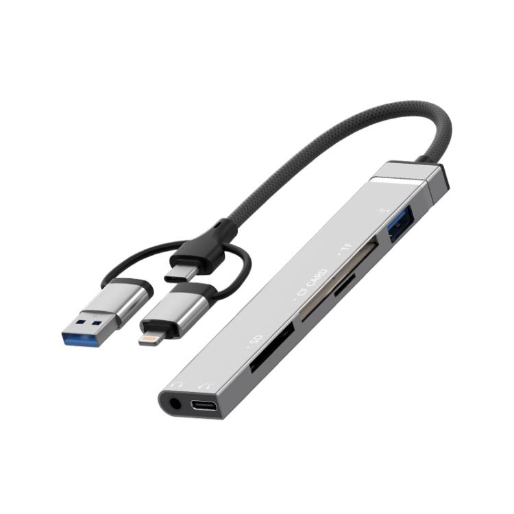 

USB / Type-C / 8 Pin to CF / TF / SD Card Reader, 3.5mm HUB Adapter 6 in 1 Docking Station(Silver)