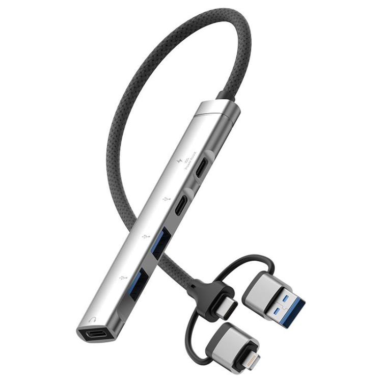 

USB / Type-C / 8 Pin to PD, 2 x USB, 2 x Type-C HUB Adapter 5 in 1 Docking Station(Silver)