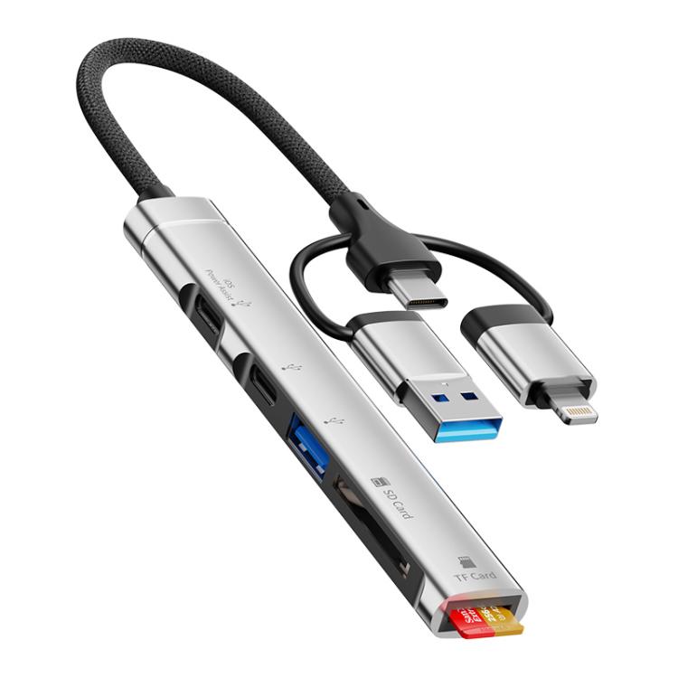 

USB / Type-C / 8 Pin to TF / SD Card Reader, USB, Type-C HUB Adapter 5 in 1 Docking Station(Silver)
