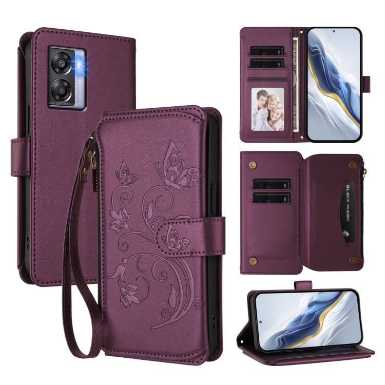 

For OnePlus Nord N300 Butterfly Love Flower Multi-card Zipper Wallet Leather Phone Case(Dark Purple)