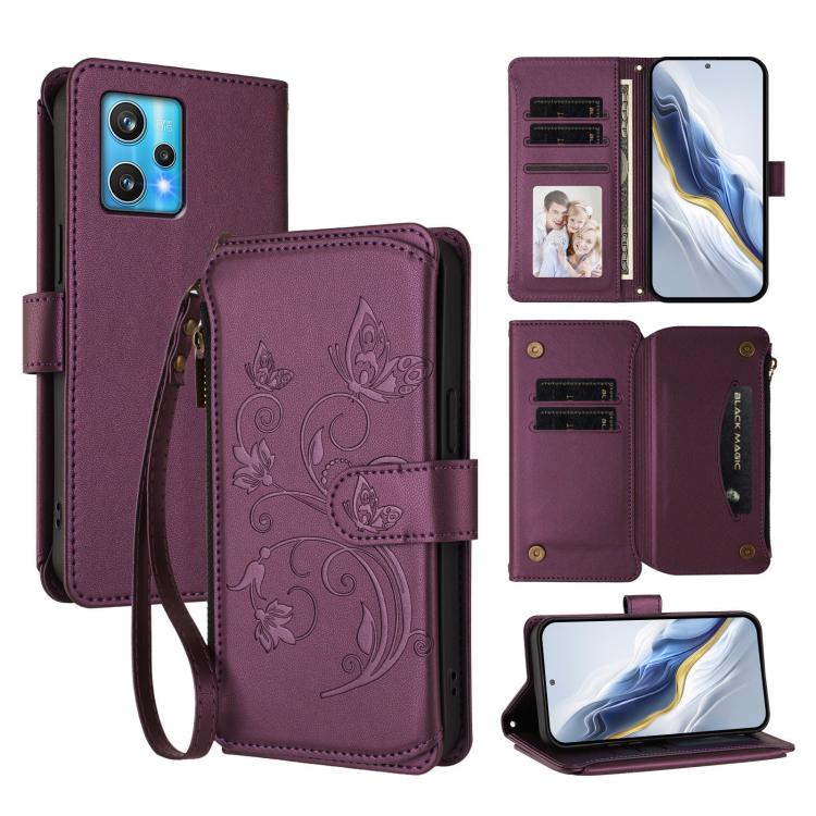 For Realme 9 Pro+ 5G / Narzo 50 Pro 5G Butterfly Love Flower Multi-card Zipper Wallet Leather Phone Case(Dark Purple)