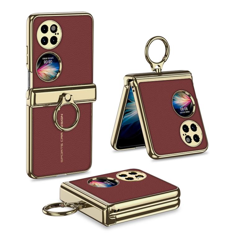 

For Huawei P50 Pocket GKK Magnetic Folding Hinge Electroplated Plain Leather Phone Case with Ring(Red)