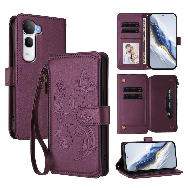 

For vivo Y400 5G Global Butterfly Love Flower Multi-card Zipper Wallet Leather Phone Case(Dark Purple)