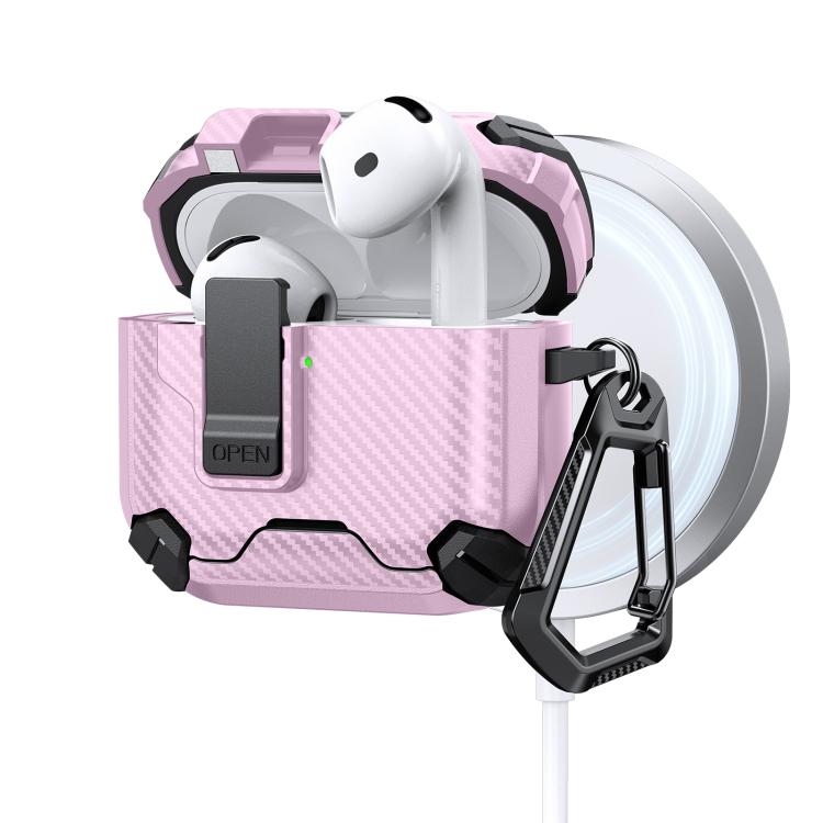 

For AirPods 4 Two Color MagSafe Magnetic Holder Carbon Fiber Pattern Earphone Case(Black Pink)