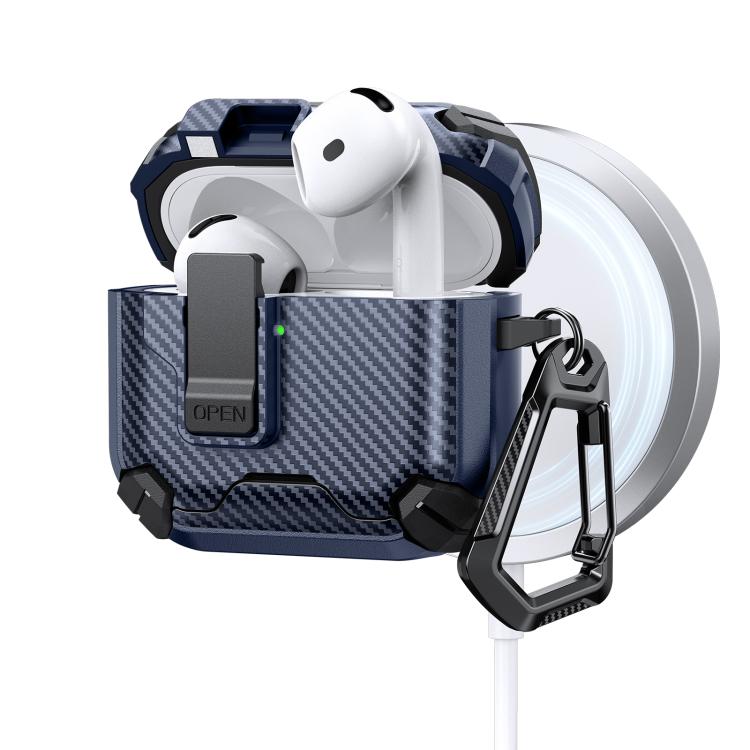 

For AirPods 4 Two Color MagSafe Magnetic Holder Carbon Fiber Pattern Earphone Case(Black Dark Blue)