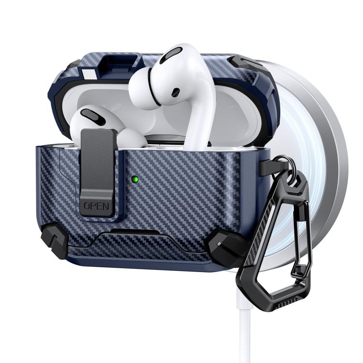 

For AirPods Pro Two Color MagSafe Magnetic Holder Carbon Fiber Pattern Earphone Case(Black Dark Blue)