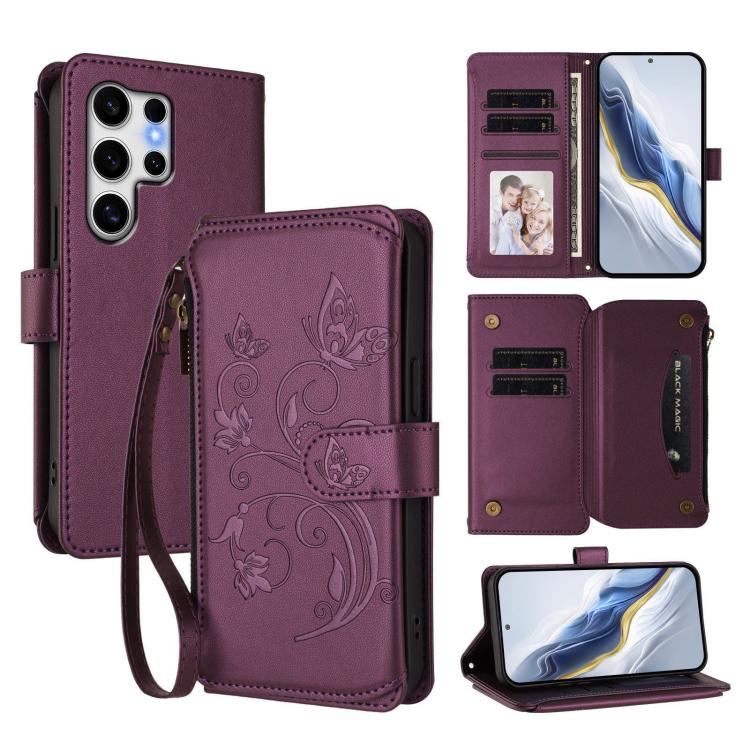 

For Galaxy S25 Ultra 5G Butterfly Love Flower Multi-card Zipper Wallet Leather Phone Case(Dark Purple)